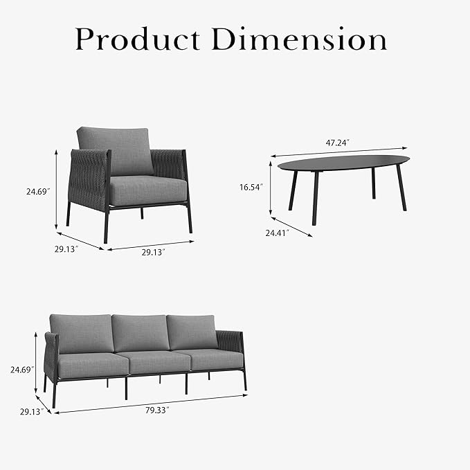 LayinSun 4 Piece Outdoor Furniture Set with Coffee Table, Modern Rope Woven Patio Conversation Sofa Set with Olefin Braid and Deep Seating