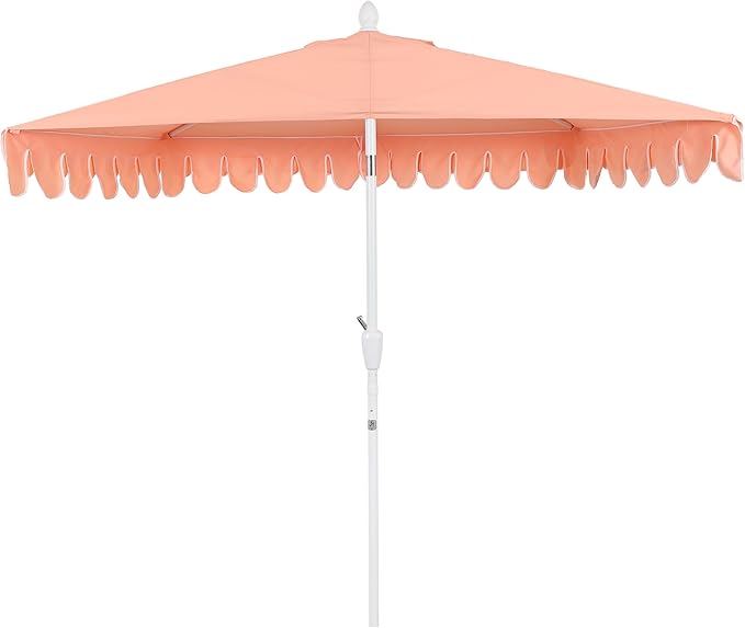 JONATHAN Y Terrace Scalloped 9 ft. Half Round Patio Umbrella with Crank Lift and Tilt, Coastal Semicircle Market Wall Umbrella for Balcony, Coral Pink/White, White Pole UMB1202H