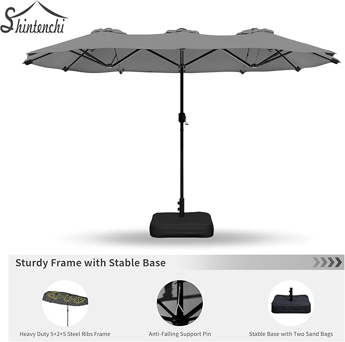 Shintenchi 16FT Large Patio Umbrella with Base Included, Outdoor Double-Sided Rectangular Shade with Crank Handle for Poolside Lawn, Deck & Garden, Gray