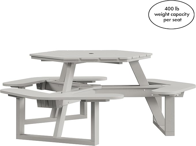 Shoreline Made in USA Hexagon Picnic Table, Seating for 6, Cove Gray