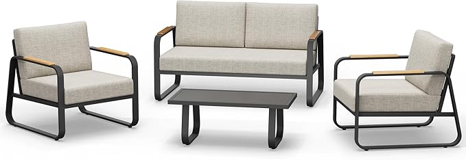 East Oak 4-Piece Patio Furniture Set, Outdoor Patio Set w/Removable & Washable Deep Seating Cushion, Outside Patio Conversation Sets for Backyard, New Upgraded Design, Dark Gray & Griege