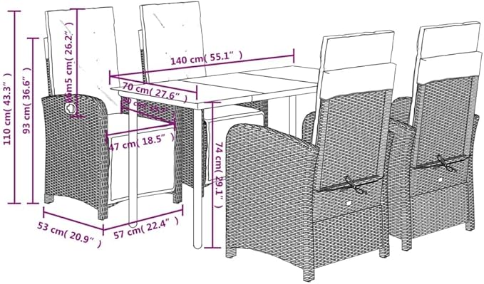 Backyard Furniture Patio Conversation Sets Outdoor Seating 5 Piece Patio Dining Set with Cushions Gray Poly Rattan Suitable for Gardens, Balconies, Decks