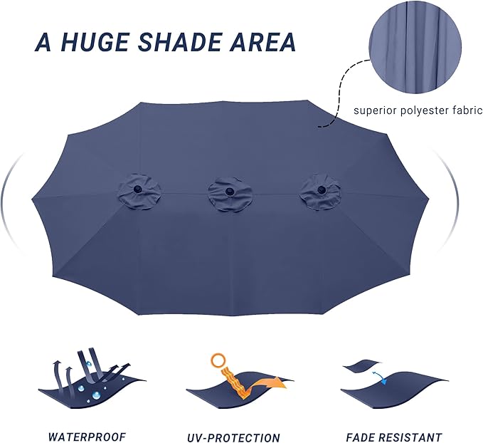 15ft Patio Umbrella with Base, 10-Year-No-Fade Large Outdoor Double-Sided Market Umbrella with UPF50+Terylene Polyester Fabric and Crank for Poolside Garden Deck Backyard Beach Pools