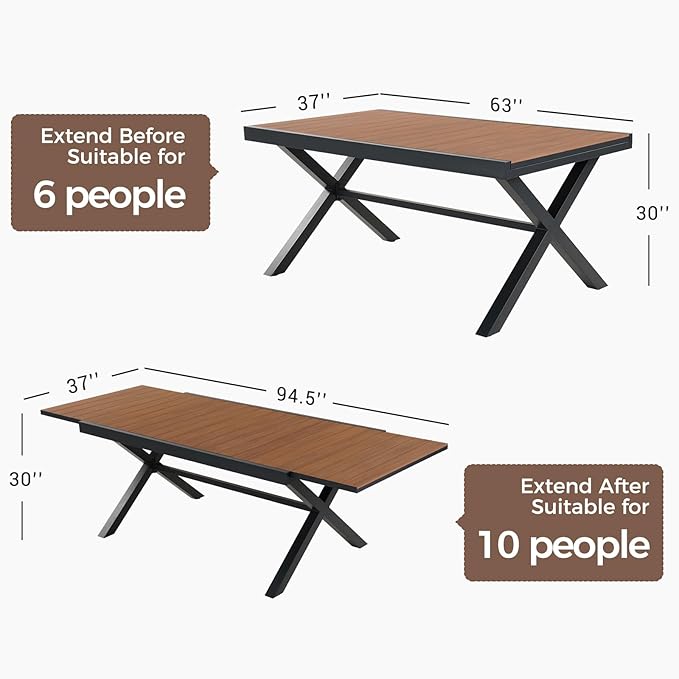 Grand patio 9-Piece Outdoor Dining Set for 8, Patio Dining Furniture Set for 8 Swivel Rope Wicker Chairs & 1 Extendable Rectangular Dining Table, Dark Grey