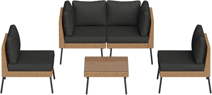 Aoxun Patio Furniture Set, 5 Piece Outdoor Sectional Sofas with Thick Cushion, Wicker Outdoor Patio Furniture Set with Coffee Table for Party, Garden, Backyard, Black