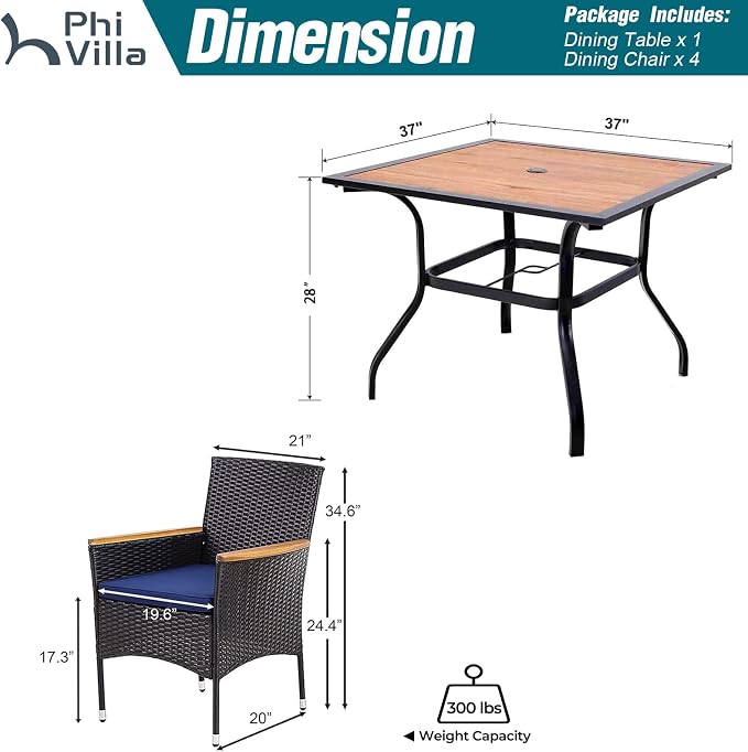 PHI VILLA 5 Pieces Outdoor Dining Set for 4, Ploywood Square Metal Dining Table & Rattan Wicker Chairs with Cushions, Modern Furniture Dining Set for Patio, Deck, Porch, Backyard