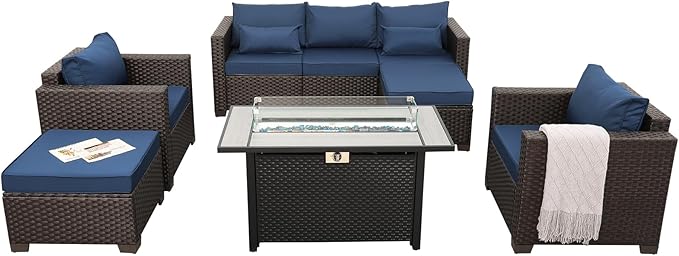 6-Piece Patio Furniture Set Outdoor Furniture Set with 45'' Propane Gas Fire Pit Table Outdoor Conversation Set Wicker Sofa Set Non-Slip Cushions Waterproof Covers, Navy Blue