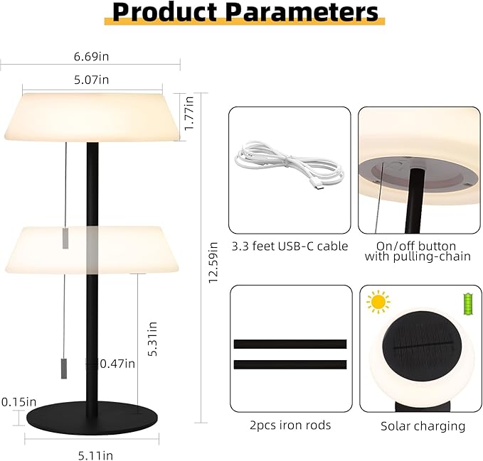 Solar LED Outdoor Table Lamp Waterproof, 3 Level Dimmable Desk Night Light, Portable Cordless USB Rechargeable, for Home/Deck/Patio/Garden (Black)