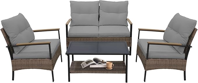 COOS BAY Sunset Haven Outdoor Patio Furniture Set, Outdoor Conversation Set, Rattan Wicker Sofa, Loveseat, 2 Patio Chairs and Coffee Table, Brown/Gray