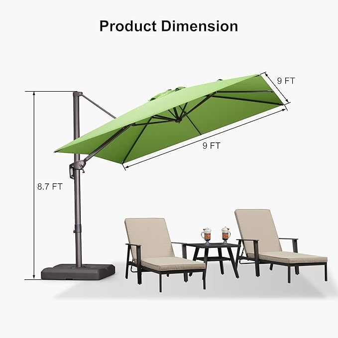 PURPLE LEAF 9' X 9' Patio Umbrella With Base Antique Bronze Square Cantilever Umbrella Outdoor with 360° Rotation and Aluminum Offset Hanging for Pool Deck Garden Backyard, Green