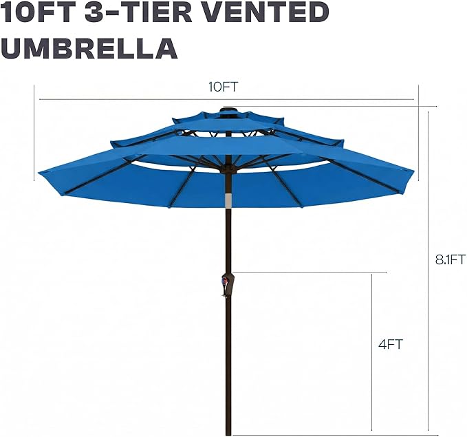 10ft 3 Tier Patio Umbrella, Outdoor Market Table Umbrella with UPF 50+ Vented Canopy, 8 Sturdy Ribs, Easy Push Button Tilt and Crank, Windproof for Deck, Pool, Backyard and Garden