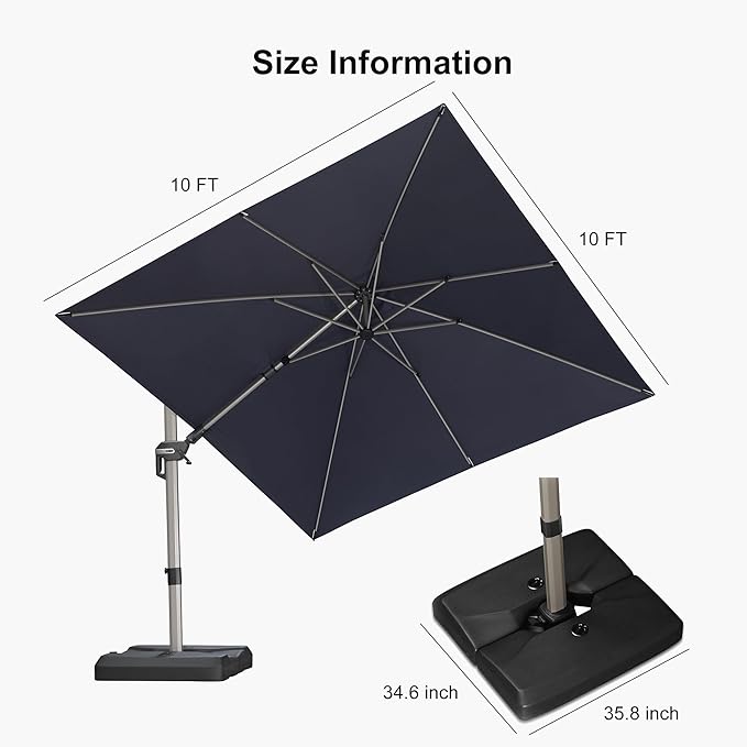 PURPLE LEAF 10' X 10' Left-right Tilting Patio Umbrella with Base Outdoor Swivel Cantilever Offset Aluminum Umbrella with Champagne Frame and 360-degree Rotation for Garden Deck Pool, Navy Blue