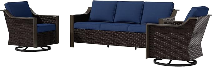 3 Piece Wicker Patio Conversation Set, All-Weather Use Outdoor Wicker Sofa with 2 PE Rattan Swivel Chair, Removable Water-Resistant Cushion, Ideal for Porch, Backyard, Balcony, Poolside, Blue