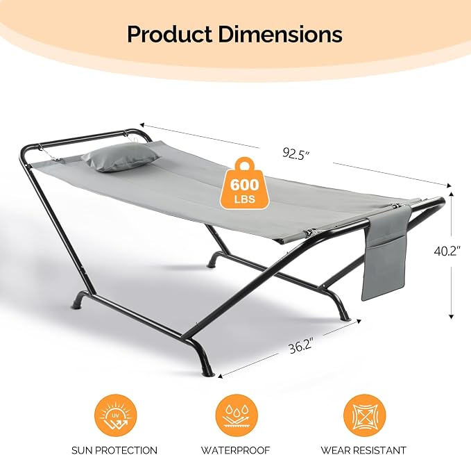 ONCLOUD Freestanding Hammock with Stand, 600LBS Heavy Duty Outdoor Hammock, Safety Cofy Outdoor Hammock with Stand, 4 Point Hammock Bed for Yard, Patio,Bedroom- with Soft Pillow & Storage Bag (Grey)
