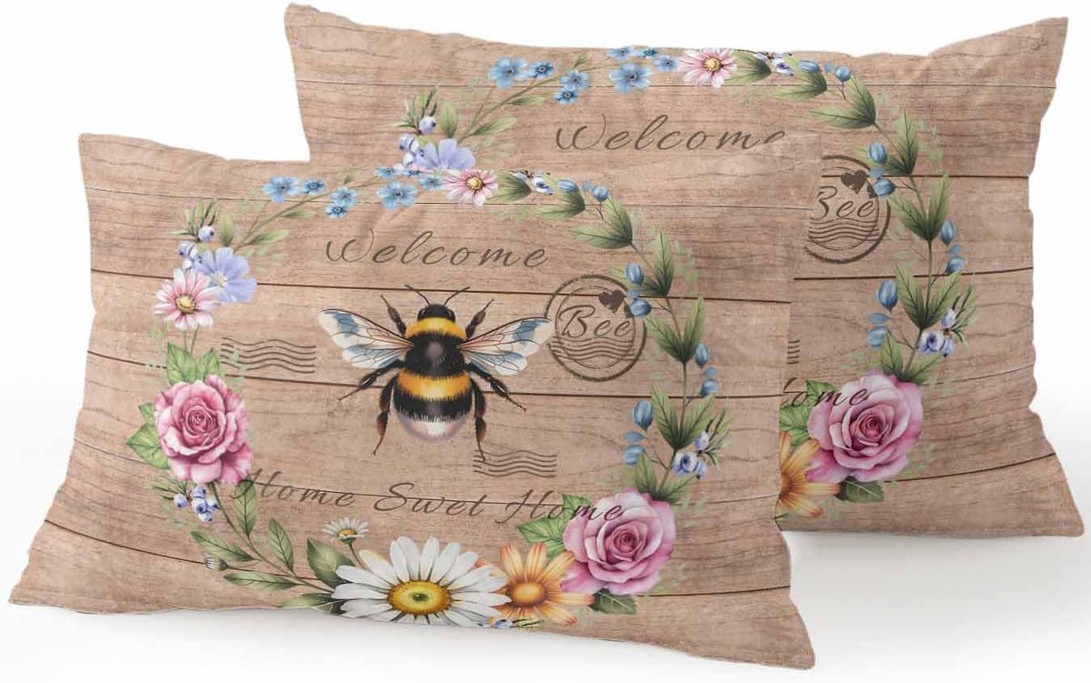 Outdoor Waterproof Throw Pillows Farmhouse Bee Flower Wreath Patio Pillows Pack of 2,Decorative Pillow Covers with Insert,Pillow Cushion Case for Garden Couch Sofa Farm Retro Wood Board