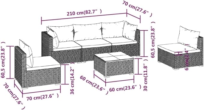6 Piece Patio Lounge Set with Cushion, Outdoor Patio Sectional Patio Lounge Set Piece Patio Set Furniture Conversation Sets s Poly Rattan Gray