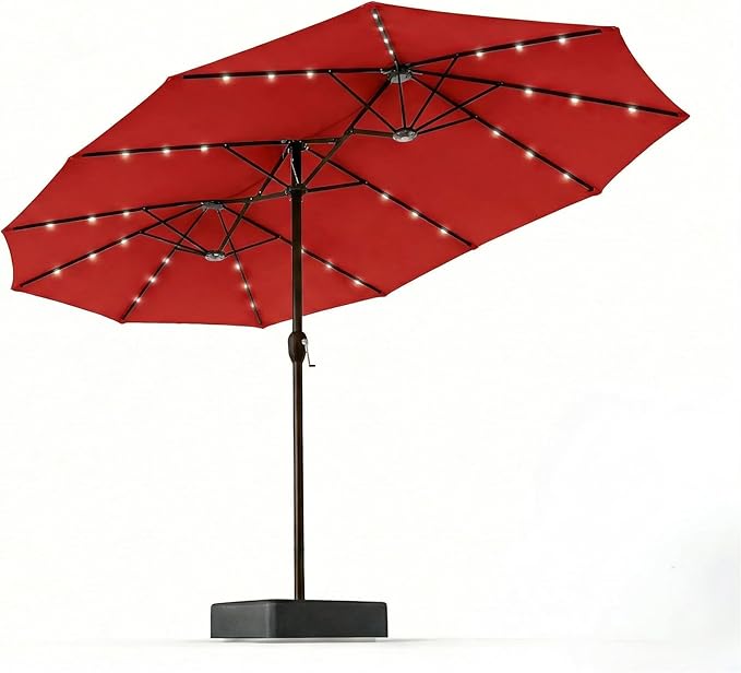 15FT Patio Umbrella with Solar Lights, Double-Sided Extra Large Outdoor Table Umbrella with Base Included, Heavy-Duty 12 Iron Ribs Market Umbrella for Garden, Pool, Backyard, Red
