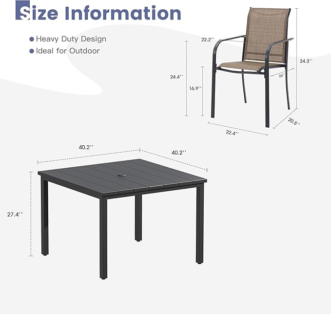 VICLLAX 5 Pieces Patio Dining Set, Patio Furniture Set of 4 Patio Stackable Dining Chairs and Outdoor Metal Square Table with Umbrella Hole for Backyard Lawn Garden, Brown Chairs and Black Table