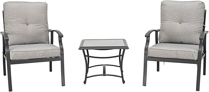 3 Pieces Patio Conversation Set Metal Outdoor Furniture Chairs with Cushion Tile-top Side Table (Grey)