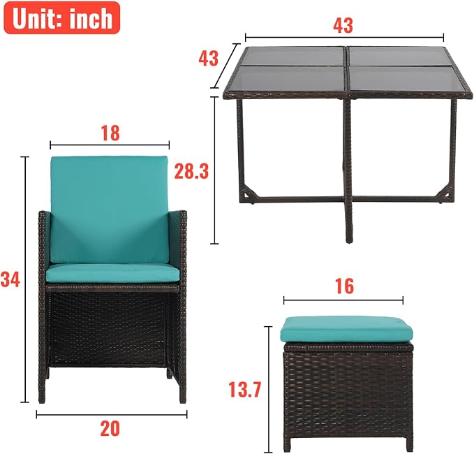 Patio Table and Chairs Set Outdoor Patio Furniture Set Patio Dining Sets 9 Pieces Space Saving Outdoor Dining Set with 4 Chairs 4 Ottomans Glass Table for Outdoor Backyard Porch Poolside Balcony,Blue