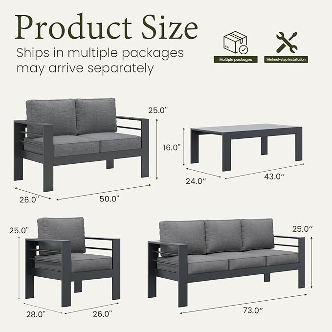 LayinSun Outdoor Aluminum Furniture Set, 5 Pieces Patio Sectional Conversation Chat Sofa Modern Seating Set with Coffee Table