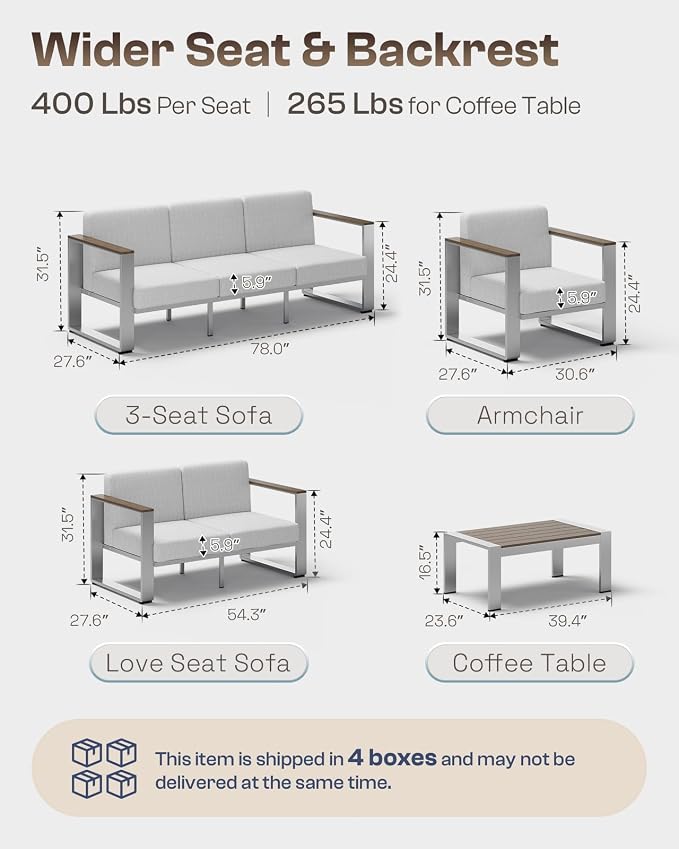Patio Furniture Set, 5 Piece Aluminum Outdoor Furniture Set with Coffee Table, Wide Seat and Thick Cushions, Modern Patio Conversation Sets for Deck, Porch (LightGray)