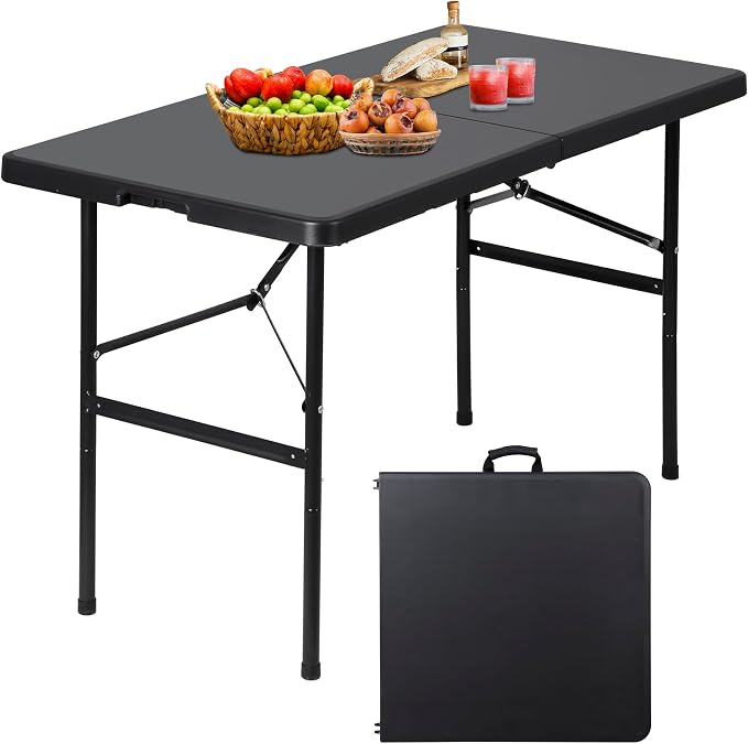 ZenStyle 4ft Heavy Duty Folding Table - Plastic Top & Steel Legs, Indoor Outdoor Utility Table w/Carry Handle for Camping, Parties, BBQs (Black)