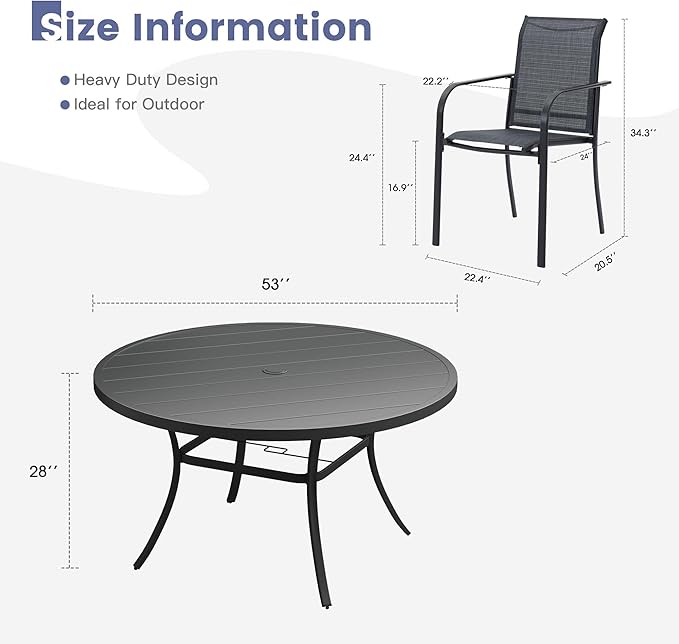 VICLLAX Round Outdoor Dining Set, Patio Table and Chairs Set Set of 8 Patio Stackable Chairs and 53" Outdoor Round Table with Umbrella Hole for Backyard Lawn Garden, Dark Grey Chairs and Black Table