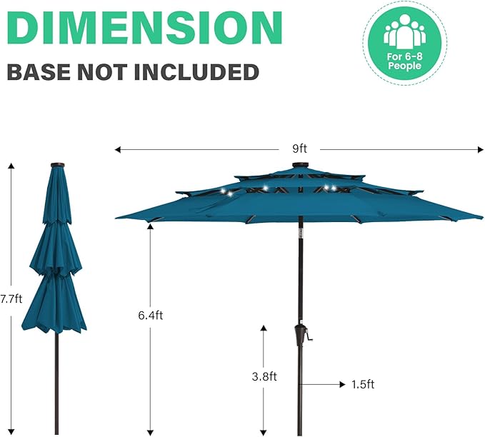 JEAREY 3 Tiers Patio Umbrella with Solar Lights 9ft Outdoor Market Table Umbrellas with Push Button Tilt for Outside Pool Garden, Lake Blue