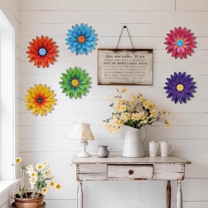 hogardeck Metal Flower Wall Decor for Indoor Outdoor, Kitchen Decor Floral Metal Wall Art, Wall Decor for Bathroom, Living Room, Porch, Garden, Yard, Backyard (6 Pcs 8'' )