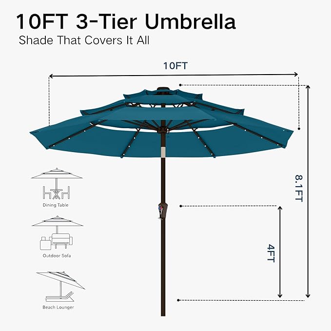 Kingdura 10ft 3-Tier Patio Umbrella with Solar Lights, Table Umbrella Outdoor Patio with Easy Crank & Tilt, 8 Sturdy Ribs, UV Protection, 32 LED Lights for Deck, Poolside, Market (Lake blue)