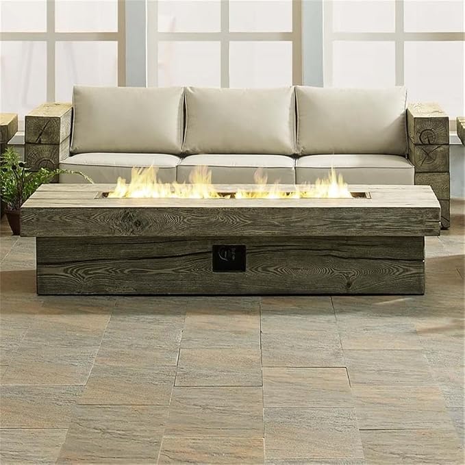 Pemberly Row 70" Rectangular Wood Outdoor Patio Fire Pit Table, Light Gray Simulated Driftwood Finish, Magnesium Oxide Coating, 50,000 BTU Propane Burner, Rustic Modern Style for Backyard or Deck Use