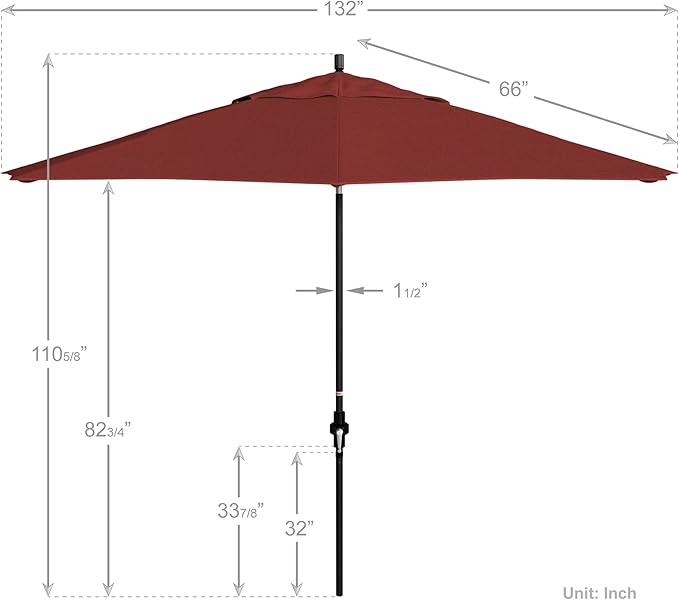 California Umbrella 11Ft Premium Sunbrella Patio Umbrella, Hand-Crank, Tilt-Collar, Black Frame, Jockey Red Fabric