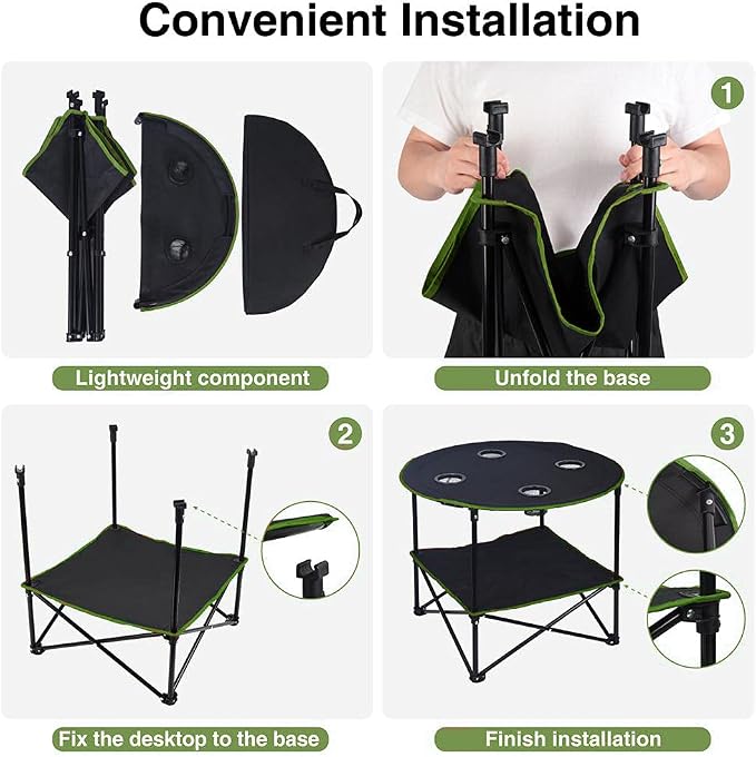 LEADALLWAY Camping Tables that Fold Up Lightweight Outdoor Table | Portable, with 4 Cup Holders and Carrying Bags for Outdoor Picnic,Barbecue,Travel,Fishing(Black+Army Green)
