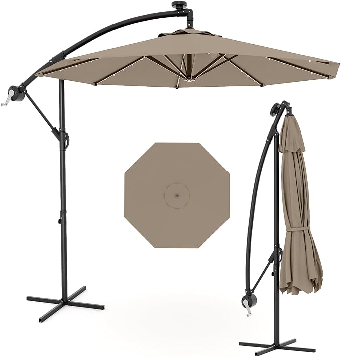 10FT Cantilever Patio Umbrella with Solar LED Lights - Heavy Duty 2-Tier Square Aluminum Offset Outdoor Umbrella, 360° Rotation for Poolside, Backyard, Deck Outdoor Use, Tan