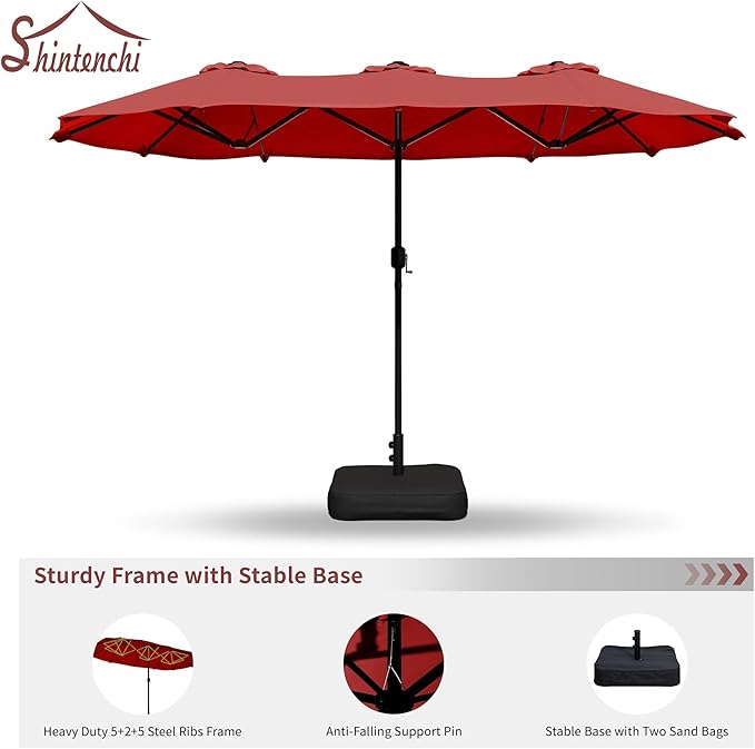Shintenchi 16FT Large Patio Umbrella with Base Included, Outdoor Double-Sided Rectangular Shade with Crank Handle for Poolside Lawn, Deck & Garden, Red