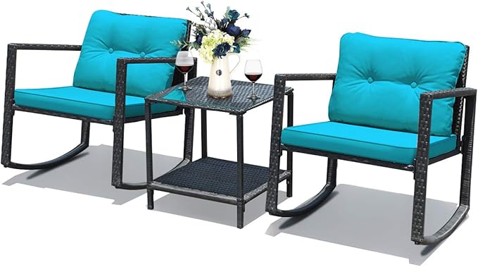 Tangkula 3 Pieces Patio Wicker Rocking Bistro Set, Outdoor Rocking Chair Furniture Set w/Cushioned Seat, Conversation Set w/Glass Coffee Table and Storage Shelf (Turquoise)