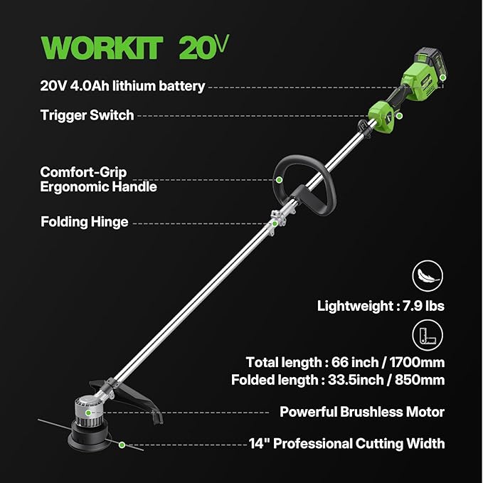 WORKIT Brushless String Trimmer 14"- 20V Cordless Weed Wacker with 2×4.0Ah Batteries, 0.095" Dual Line Auto Feed, Lightweight Battery Powered Weed Eater for Yard,Lawn & Garden