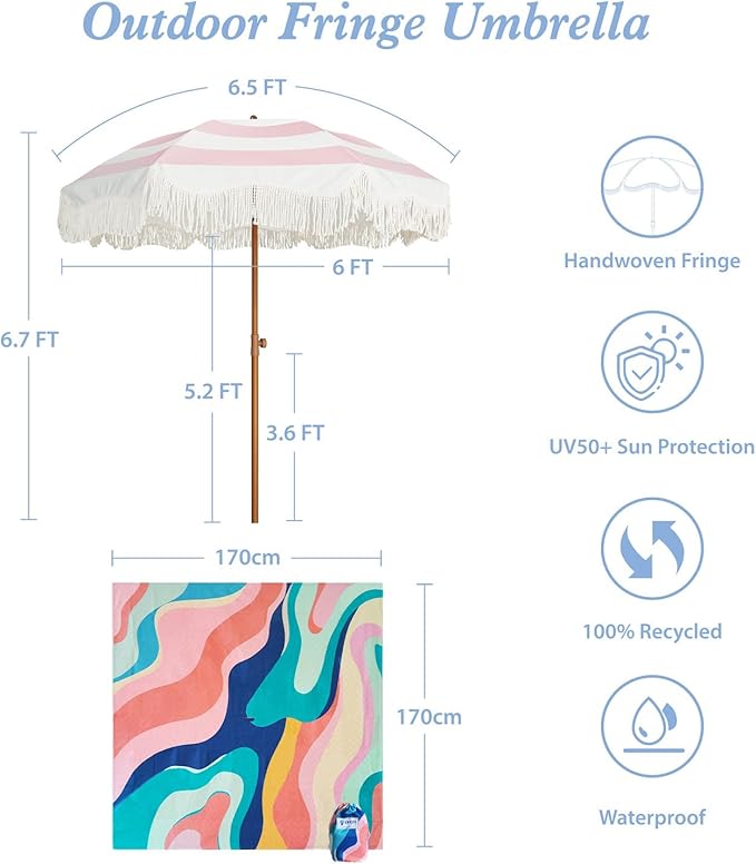 AMMSUN Boho Fringe Umbrella with Outdoor Blanket, 6.5ft UPF50+ Picnic Umbrella with Tassels with Steel Pole & Push Button Tilt, Pink Stripes