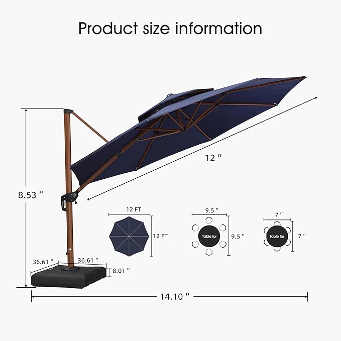 PURPLE LEAF Cantilever Umbrella with Base Outdoor Round Umbrellas Large Cantilever Umbrella Windproof Offset Heavy Duty Sun Umbrellas for Garden Deck Pool Patio, 12ft Navy Blue