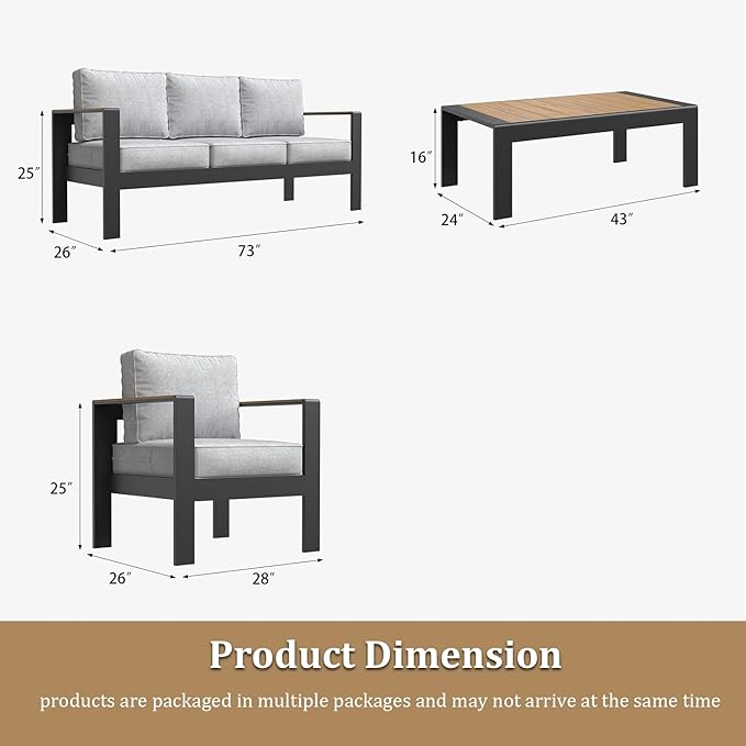 Aluminum Outdoor Patio Furniture Sets, 4 Piece Metal Patio Conversation Sets with Coffee Table with 5 Inch Cushion for Garden Backyard Deck
