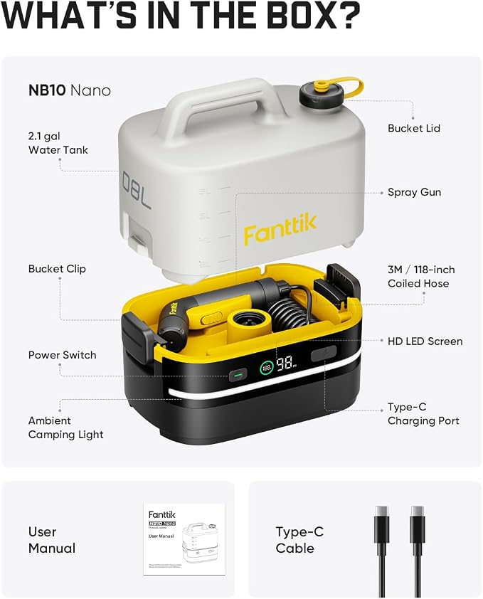 Fanttik NB10 Nano Portable Cordless Electric Sprayer w/2.1Gal Tank, HD LED Display, 4000mAh Lithium Battery, with Camping Light, Portable Washer for Light Cleaning in Home, Patio and Camping