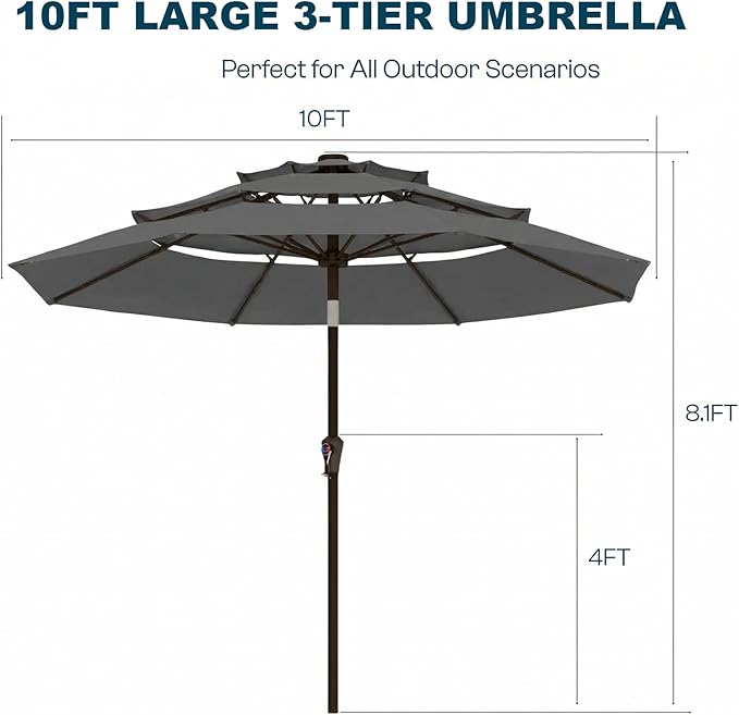 10ft Patio Umbrella, 3 Tier Outdoor Market Table Umbrellas with 8 Fiberglass Ribs and Push Button Tilt, Windproof, Vented Canopy, UV Protection for Deck, Pool, Backyard