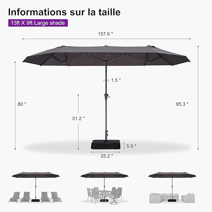PURPLE LEAF 13ft Double-Sided Patio Umbrella with Base Included Market Rectangle Umbrella Outdoor Table Umbrella with Crank for Pool Garden Deck, Light Grey