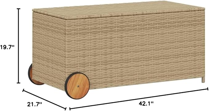 Garden Storage Box with Wheels, Deck Box Outdoor Storage Bench Delivery Boxes For Outside Outdoor Storage Box Suitable For Gardens Patios Pool Backyard Mix Beige 50.2 Gal Poly Rattan