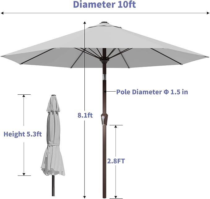 Kingdura 10FT Outdoor Patio Umbrella, Market Table Umbrella with Push Button Tilt and Crank, 8 Sturdy Fiberglass Ribs, UV Protection for Pool, Lawn, Deck, Backyard, Garden (Light grey)