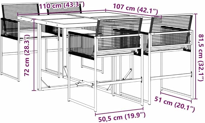 5 Piece Garden Dining Set, Black PE Rattan Outdoor Patio Table and Foldable Chairs, 4 Person Rectangular Dinette Set with Tempered Glass Top for Backyard Deck Balcony