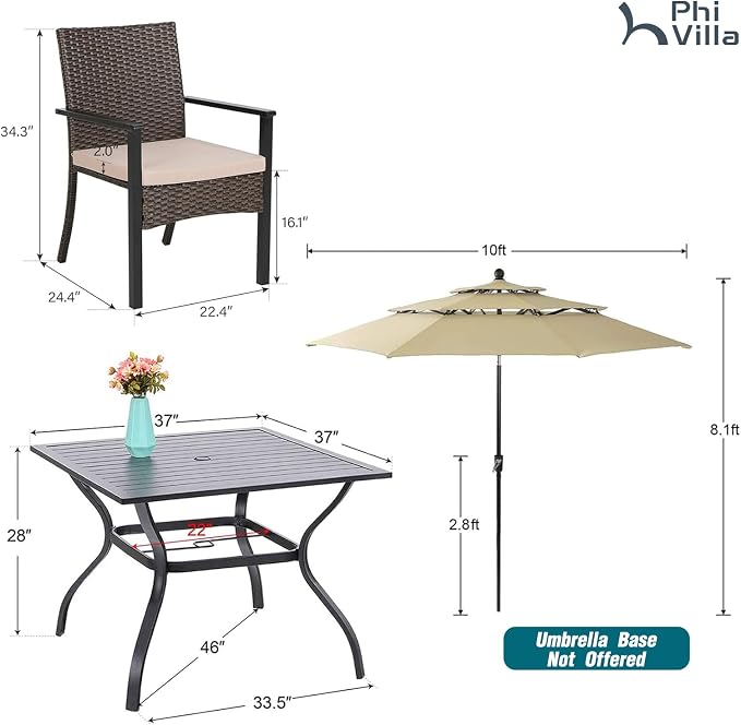 PHI VILLA 5pc Patio Dining Set with Umbrella, Square Table, Rattan Chairs | 37" Metal square dining table, cushioned wicker chairs, 10ft beige umbrella. Perfect for patio, deck, yard, porch.