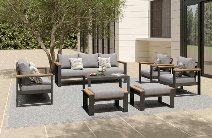Sundale Outdoor Aluminum Patio Furniture Set, 7 Piece Outdoor Conversation Sets with Coffee Table, Ottoman and Washable Thick Cushions, All Weather Outdoor Sectional Set for Deck, Lawn, Yard (Grey)