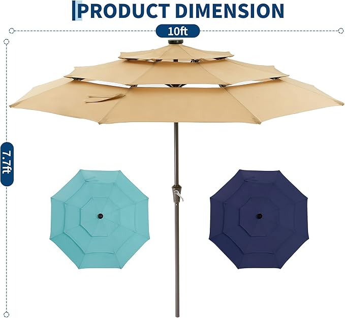 Garvee 9ft 10ft Patio Umbrella with Solar Lights, 3-Tier Umbrella Outdoor Patio with LED Lights, Ventilation, Easy Crank & Tilt, 8 Sturdy Ribs, UV Protection, Large Patio Umbrella for Deck, Pool
